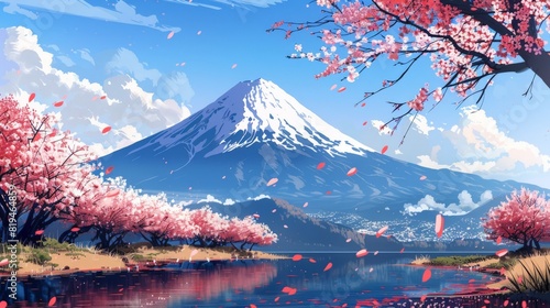 Peaceful and idyllic illustration of Mount Fuji with cherry blossoms in a picturesque Japanese landscape