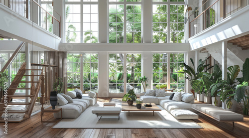 A spacious living room with large windows  showcasing an open plan design and wooden flooring