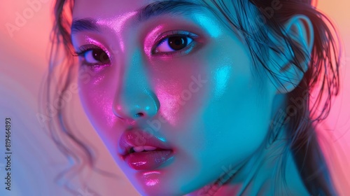 vibrant holographic fashion futuristic asian female model in neon top hyperrealistic 3d rendering
