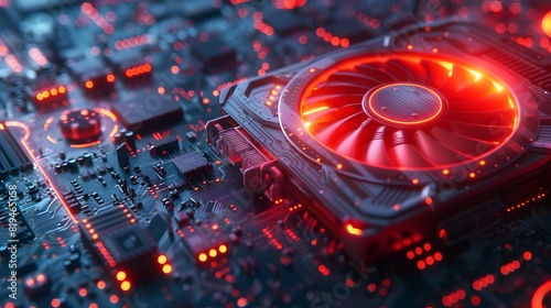 A closeup of the cooling fan on a graphics card, with glowing red light and intricate details, surrounded by circuit boards and other tech equipment. 