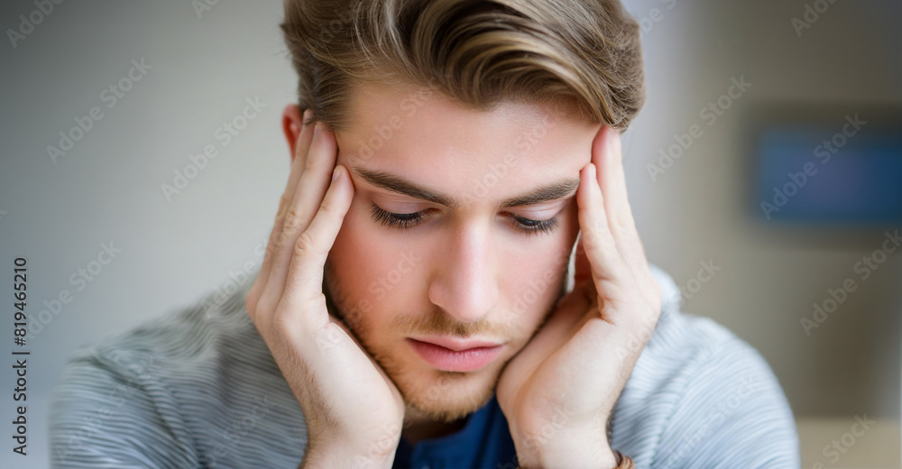 Young man, suffering from stress and worry, has a headache and is holding his head in his hands. Close up. Young man, suffering from stress and worry, has a headache and is holding his head in his hands. Close up.