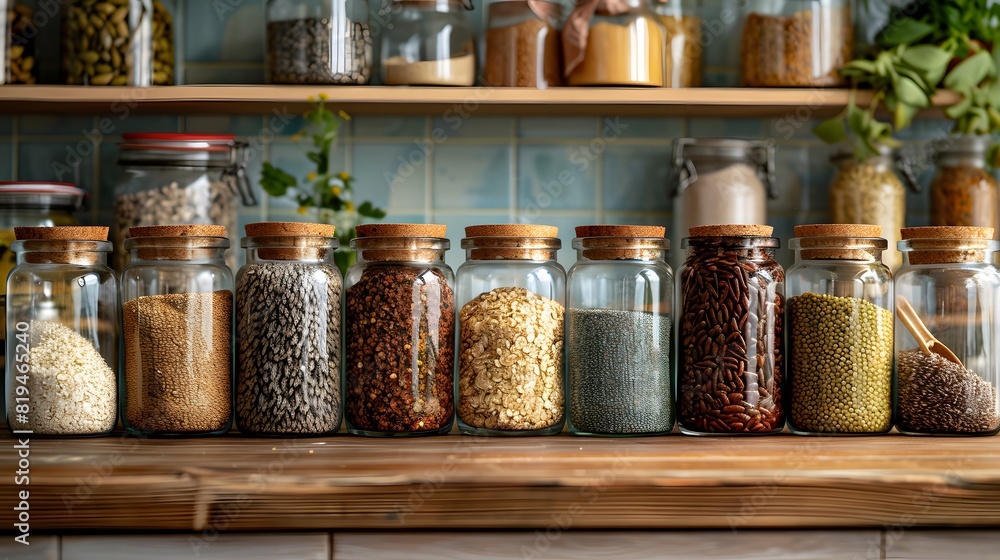 A collection of glass jars filled with different types and sizes of grains, seeds or ingredients for cooking or health.
A collection of glass jars filled with different types and sizes of grains, seeds or ingredients for cooking or health.