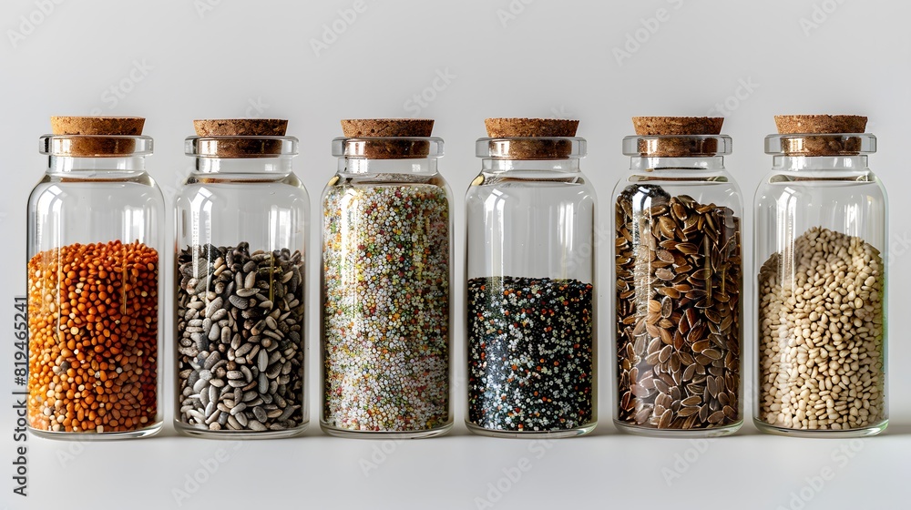 A collection of glass jars filled with different types and sizes of grains, seeds or ingredients for cooking or health.
A collection of glass jars filled with different types and sizes of grains, seeds or ingredients for cooking or health.