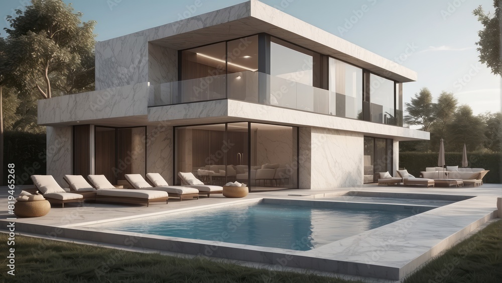 Architecture modern marble house with terrace and swimming pool, 3D building design illustration