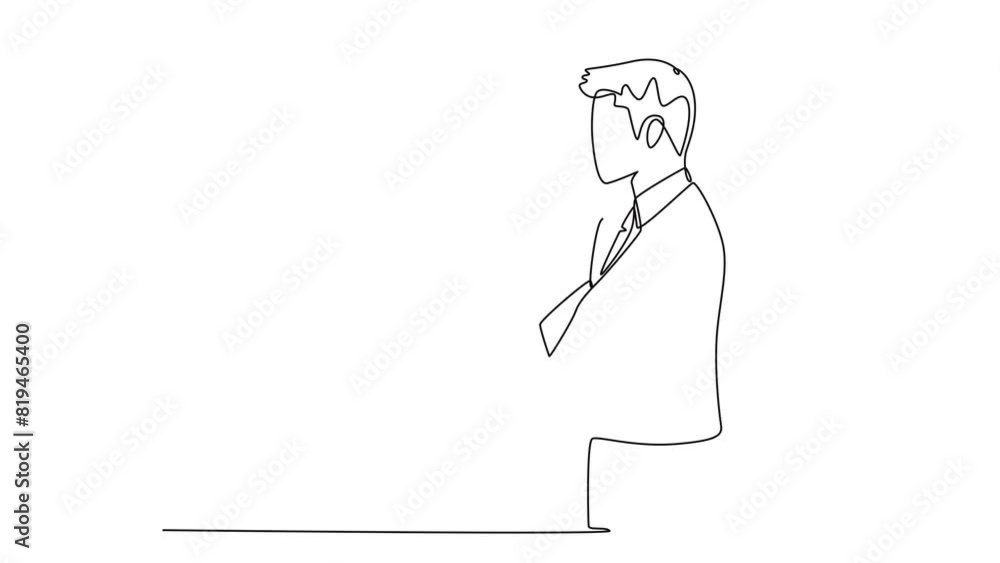 Self drawing animation of single line draw young male worker seriously staring out of window from office building. Focus thinking on company growth concept. Continuous line draw. Full length animated Self drawing animation of single line draw young male worker seriously staring out of window from office building. Focus thinking on company growth concept. Continuous line draw. Full length animated