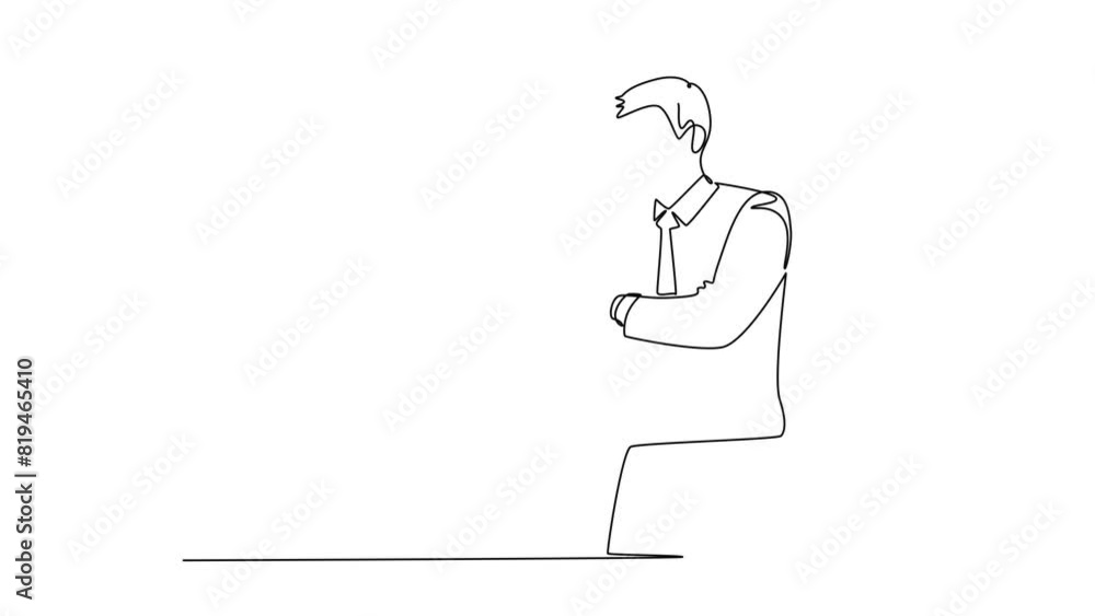 Animated self drawing of continuous line draw confused businessman standing and thinking. Focusing on finding solution to his business failure. Think brightly concept. Full length one line animation Animated self drawing of continuous line draw confused businessman standing and thinking. Focusing on finding solution to his business failure. Think brightly concept. Full length one line animation