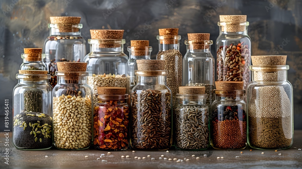 A collection of glass jars filled with different types and sizes of grains, seeds or ingredients for cooking or health.
A collection of glass jars filled with different types and sizes of grains, seeds or ingredients for cooking or health.