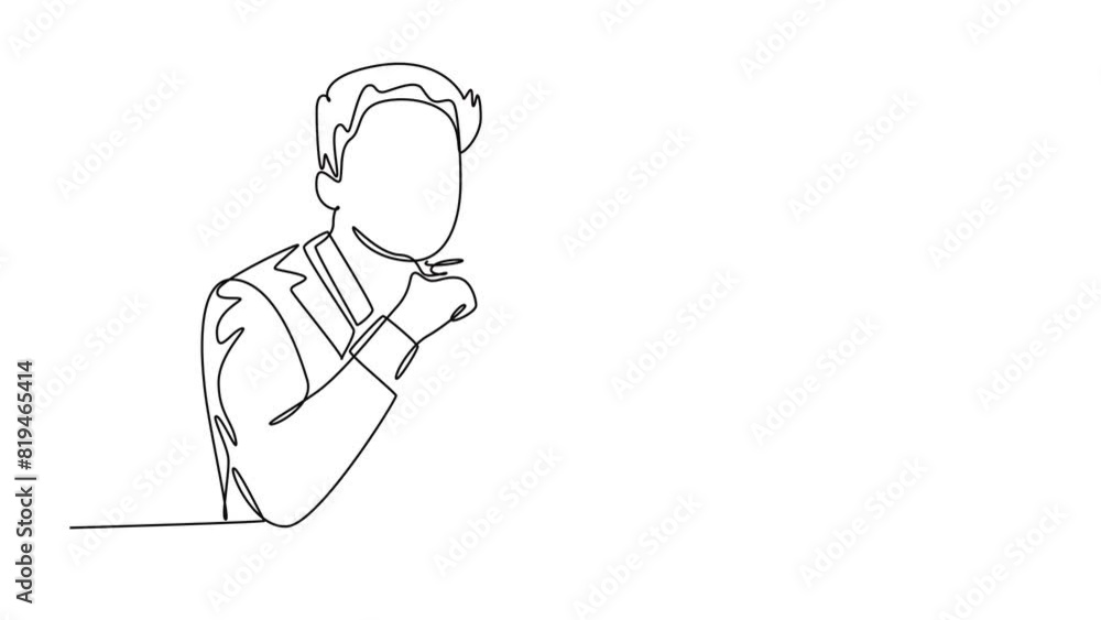 Animated self drawing of continuous line draw smart young startup CEO thinking about company growth while looking at annual report on computer screen. Business analysis. Full length one line animation