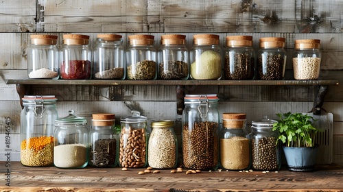 A collection of glass jars filled with different types and sizes of grains, seeds or ingredients for cooking or health. 
