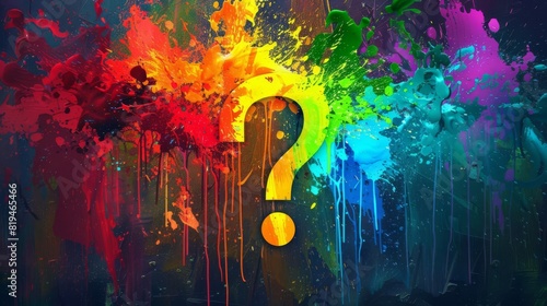 vibrant rainbow paint splash with question mark in center symbolizing curiosity and lively uncertainty abstract photo