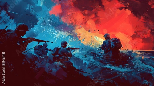 vibrant red and blue illustration celebrating the 1944 dday landings in normandy digital painting photo