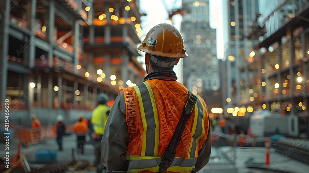 A construction worker wearing safety gear stands in the foreground, looking at workers on an active building site in the background.
