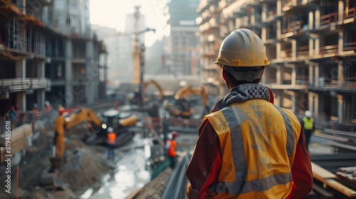 A construction worker wearing safety gear stands in the foreground, looking at workers on an active building site in the background. 