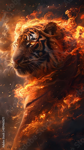 Fiery Feline Guardian Prowling Through Tempestuous Charged Sky with Dramatic Chiaroscuro Lighting © lertsakwiman