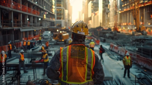 A construction worker wearing safety gear stands in the foreground  looking at workers on an active building site in the background. 