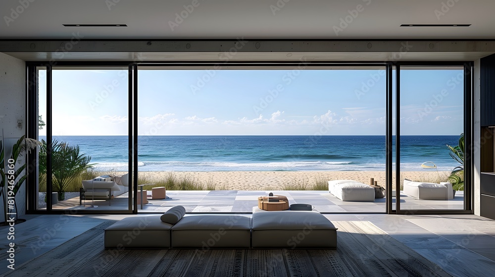 Fototapeta premium A large, sliding glass door with black frames on the left side of an open living room leading to beach in front of ocean, with blue sky and sand. 