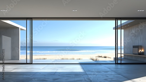 A large  sliding glass door with black frames on the left side of an open living room leading to beach in front of ocean  with blue sky and sand. 