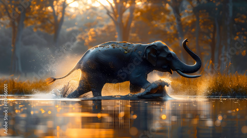 Graceful Elephant Performing Captivating Water Dance in Lush Forest Lake