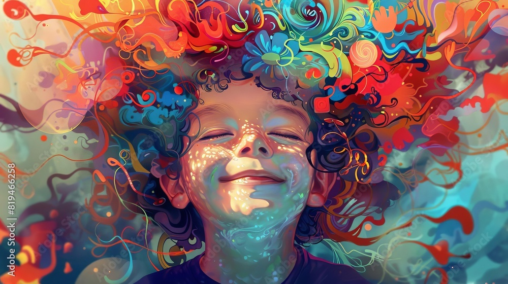 whimsical portrait of a smiling boy with surreal dreamlike elements playful digital illustration