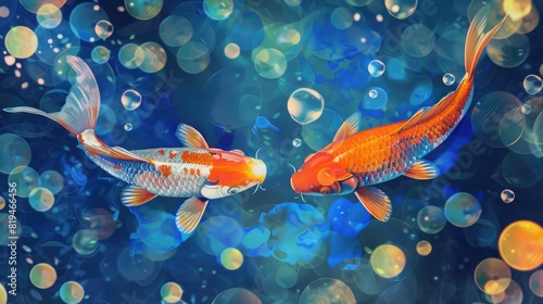 Two koi fish swimming in the water  with colorful scales and beautiful colors. Glowing bubbles float around them against a dark blue background. 