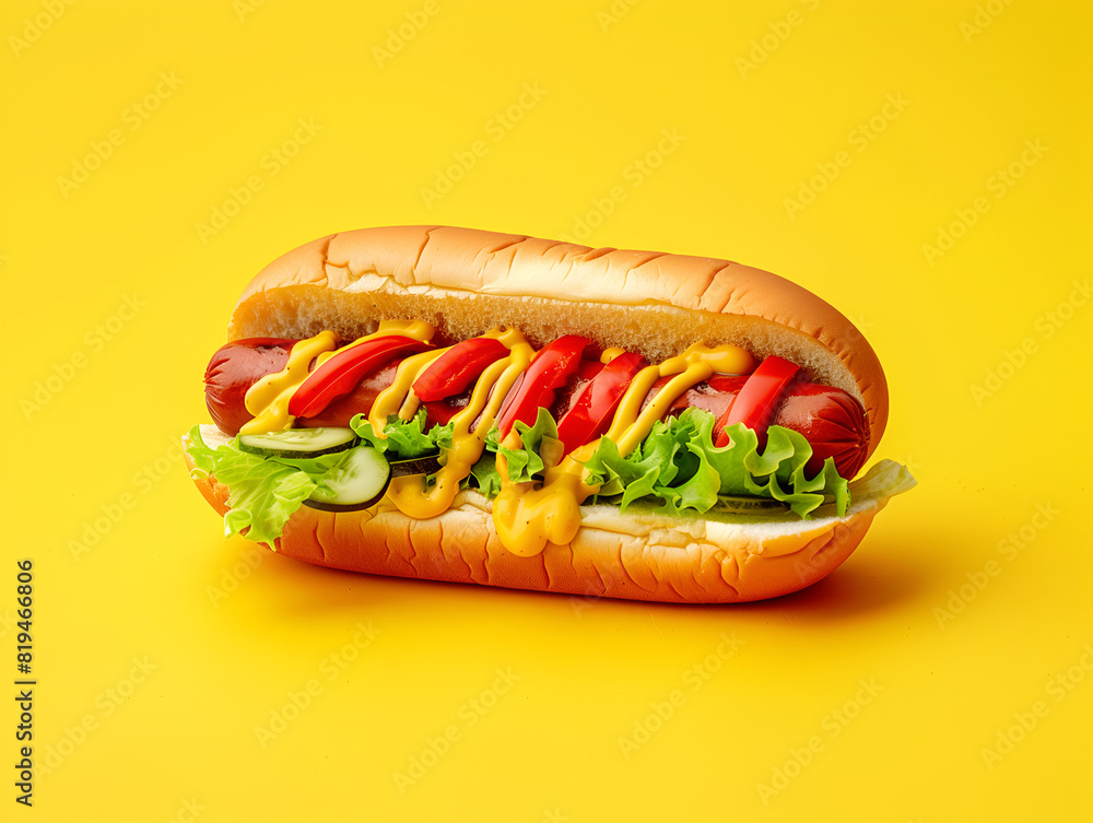 a hotdog isolated on yellow background a hotdog isolated on yellow background