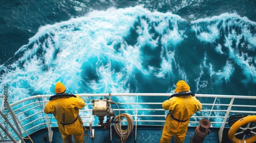 Two sailors in yellow overalls stand on the deck of an ocean ship, conducting observations with data collection equipment and instruments during blue sea waves. Shot