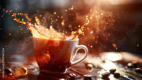 Fresh hot coffee, dynamic food photo with splash effect photo