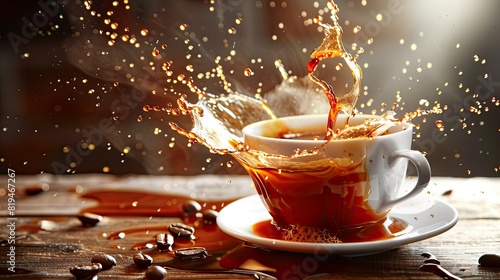 Fresh hot coffee, dynamic food photo with splash effect