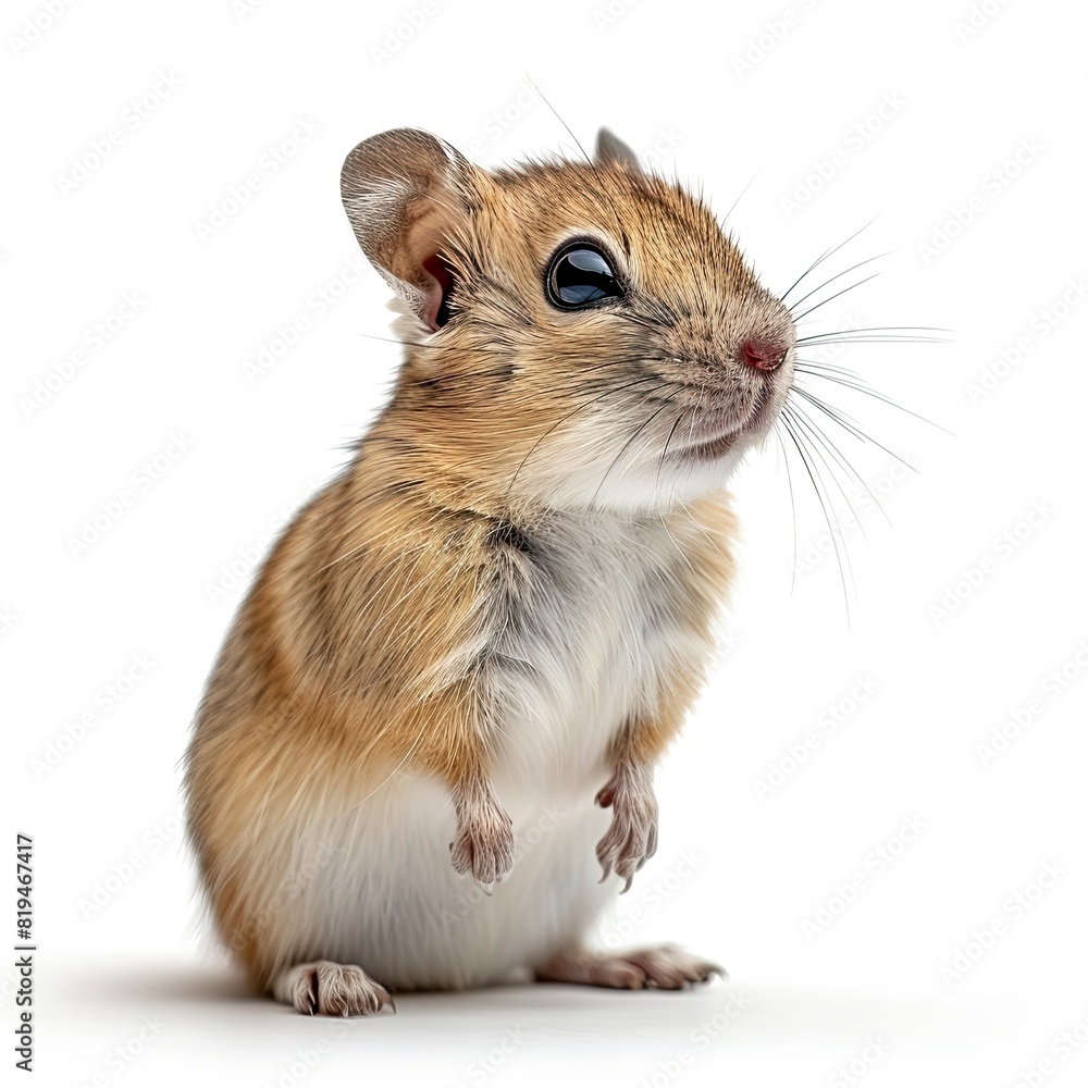 side-view full-body-shot shot of a cute Gerbil looking majestic, solid white background, 