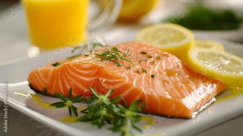 A plate of fresh salmon fillet with lemon slices and herbs, ready to be cooked. 
