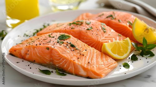 A plate of fresh salmon fillet with lemon slices and herbs, ready to be cooked. 