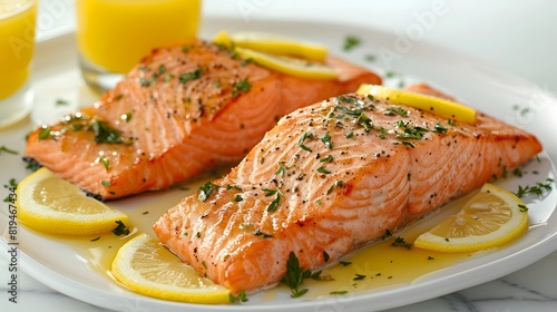 A plate of fresh salmon fillet with lemon slices and herbs, ready to be cooked.
