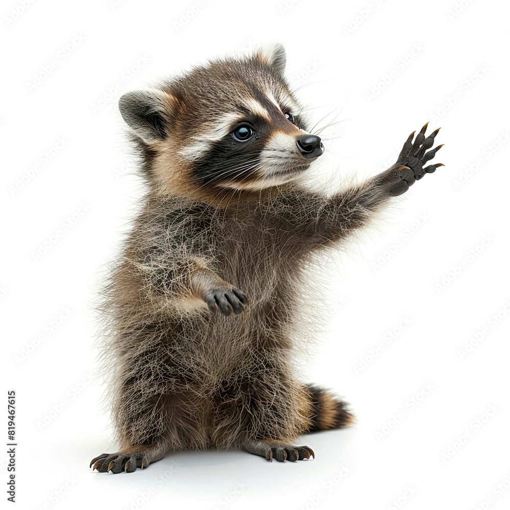side-view portrait of a cute Racoon reaching up with arms outstretched, solid white background
