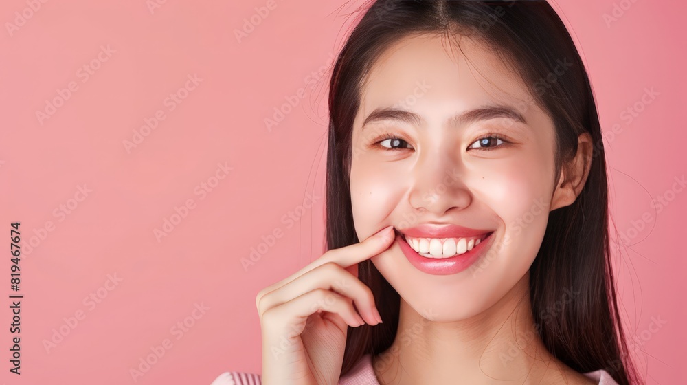 Against an isolated pink background, a stunning young Asian woman points to her teeth, her radiant skin and joyful smile ideal for a commercial advertising facial and skin care products. Against an isolated pink background, a stunning young Asian woman points to her teeth, her radiant skin and joyful smile ideal for a commercial advertising facial and skin care products.