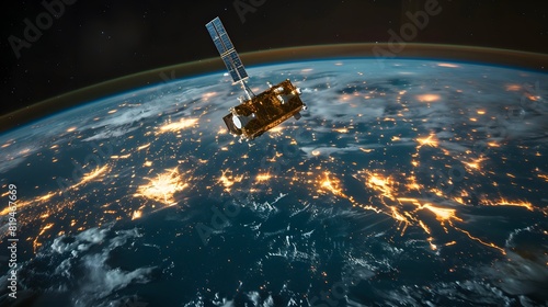 A satellite floating above the Earth's surface, with its lights shining on various global location points, data collection from space for communication network management.
 photo