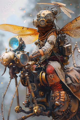 Steampunk Wizard Riding Dragonfly Steed and Harnessing Elemental Powers in 3D