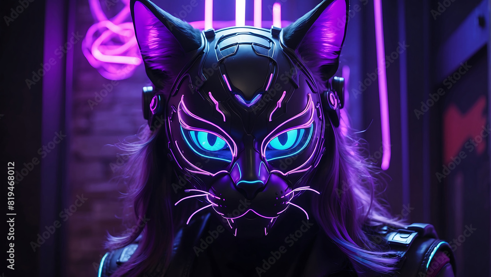 A futuristic cat wear helmet glows with vibrant purple neon lights and the helmet covers the entire head, it is set against a dark purple background, enhancing the striking neon effects A futuristic cat wear helmet glows with vibrant purple neon lights and the helmet covers the entire head, it is set against a dark purple background, enhancing the striking neon effects