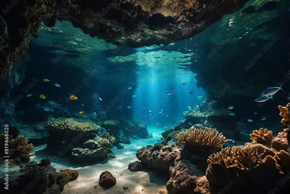 Stunning scene of an underwater cave with beautiful light and copy space. Stunning scene of an underwater cave with beautiful light and copy space.