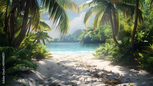A tropical beach scene with palm trees and white sand  overlooking the ocean. A softly focused background of trees. The sunlight creates a warm atmosphere. 
