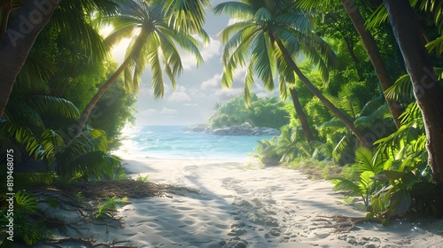 A tropical beach scene with palm trees and white sand  overlooking the ocean. A softly focused background of trees. The sunlight creates a warm atmosphere. 