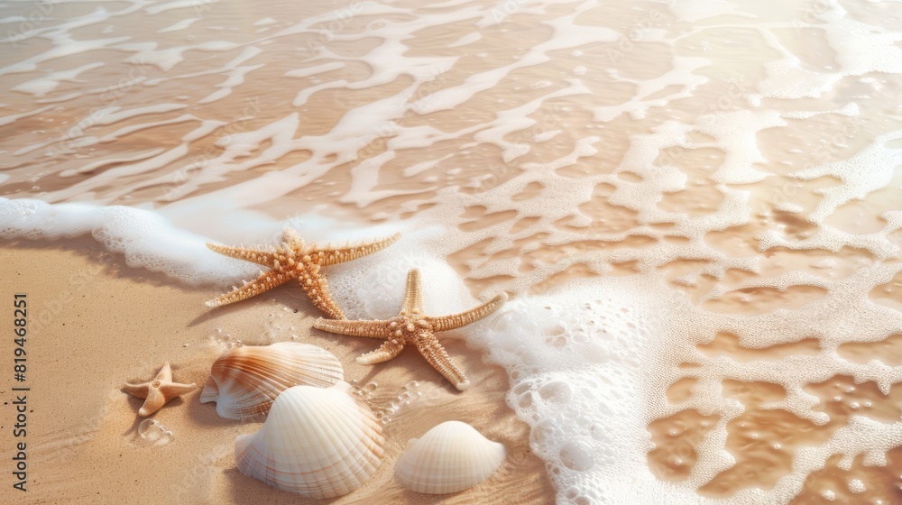 some seashells and starfish on the beach. The waves are washing over them. some seashells and starfish on the beach. The waves are washing over them.