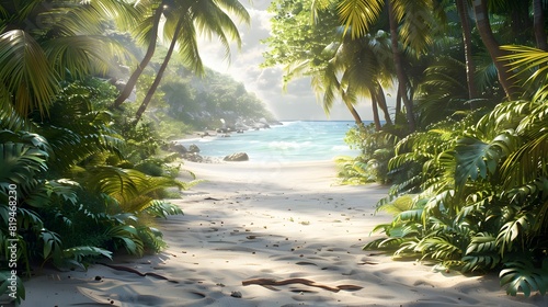 A tropical beach scene with palm trees and white sand  overlooking the ocean. A softly focused background of trees. The sunlight creates a warm atmosphere. 