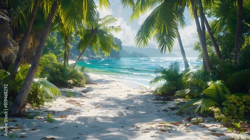 A tropical beach scene with palm trees and white sand, overlooking the ocean. A softly focused background of trees. The sunlight creates a warm atmosphere. 
