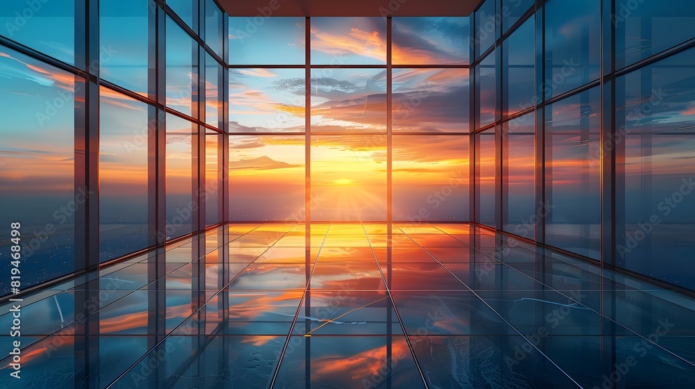 Abstract background with a modern glass building and sunset light. A modern architecture, corporate office interior.
