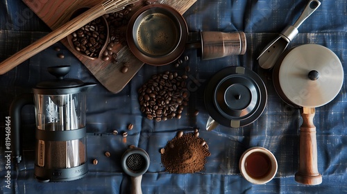 Rustic Coffee Lover's Delight: Flat Lay of Coffee Beans and Brewing Tools on Textured Tablecloth