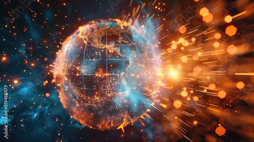 Holographic globe surrounded by digital fireworks