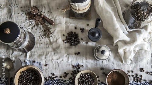 Artistic Coffee Beans Flat Lay with French Press and Grinder on Textured Tablecloth