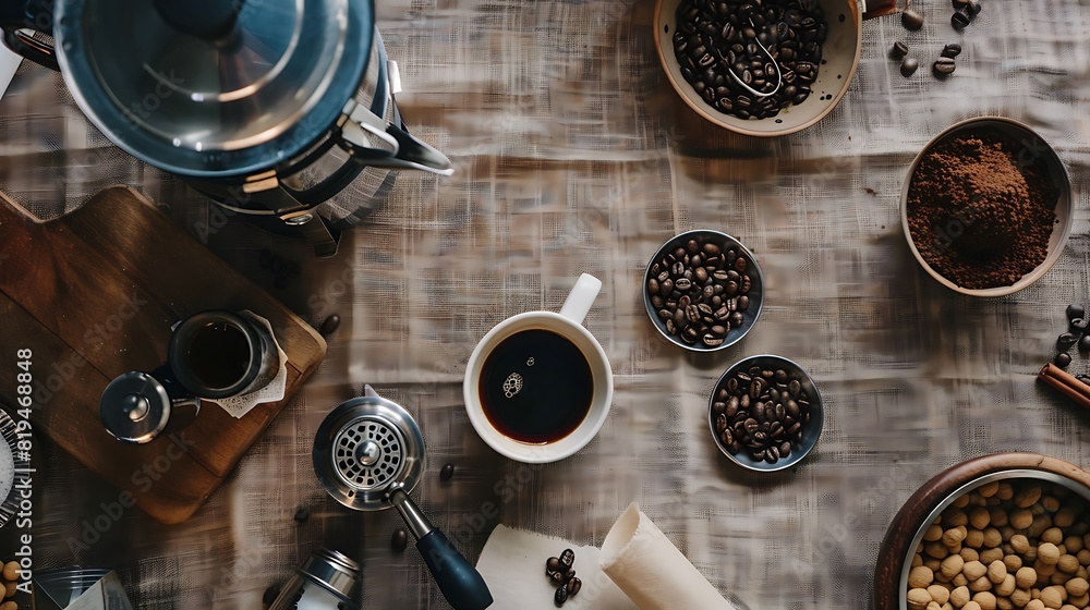 Rustic Coffee Blends: Artistic Flat Lay of Coffee Beans and Brewing Tools on Textured Tablecloth Rustic Coffee Blends: Artistic Flat Lay of Coffee Beans and Brewing Tools on Textured Tablecloth
