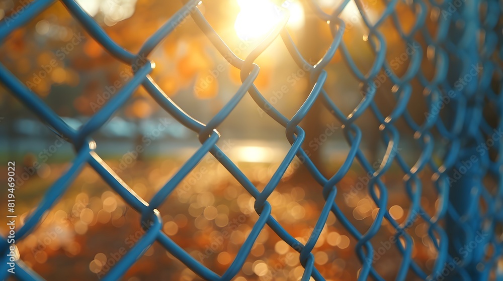 Fototapeta premium Close up of a blue chain link fence with a blurred background of a school yard where kids can be seen playing in the distance. 
