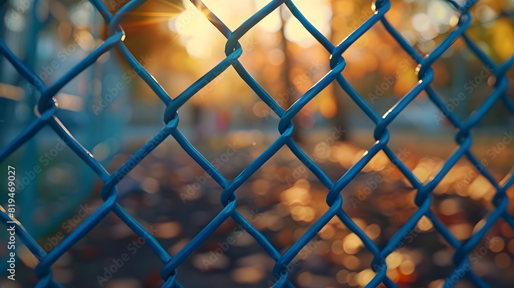 Fototapeta premium Close up of a blue chain link fence with a blurred background of a school yard where kids can be seen playing in the distance. 